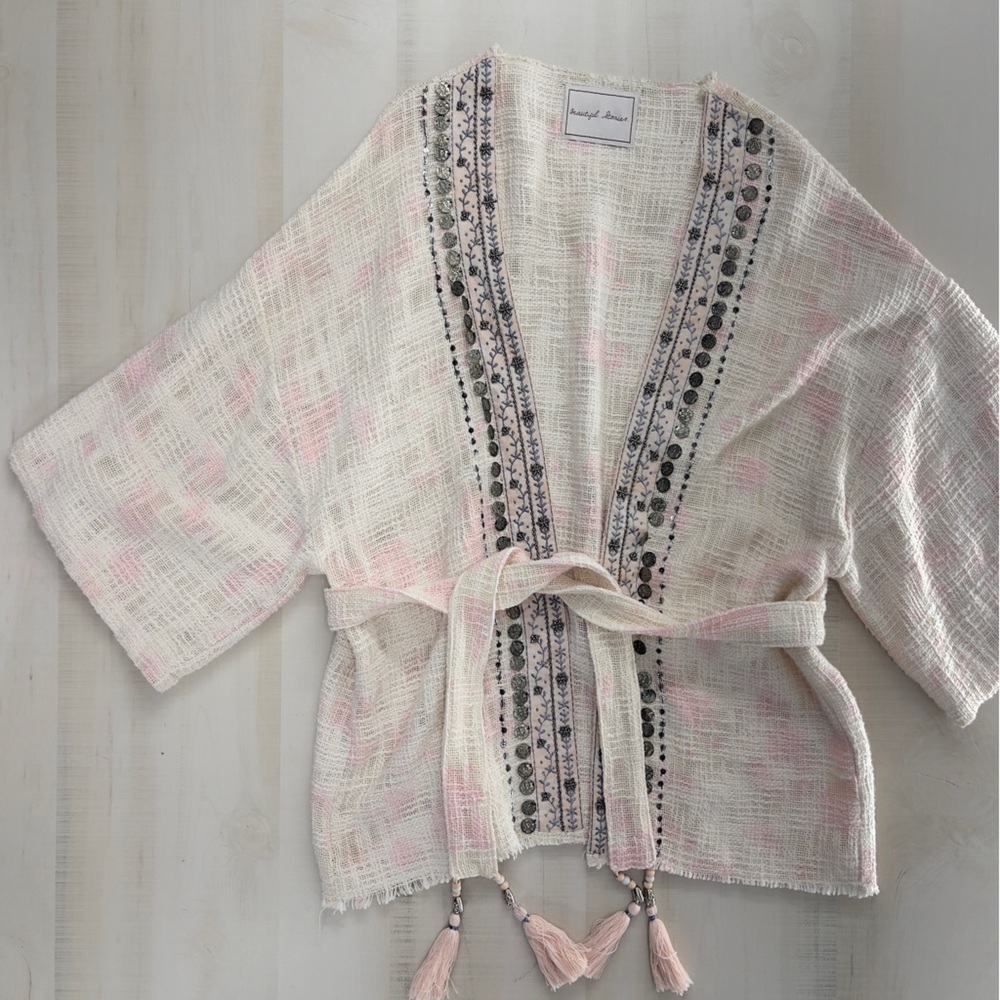 BEAUTIFUL STORIES x Anthropologie Livia textured beaded kimono cardigan OS pink